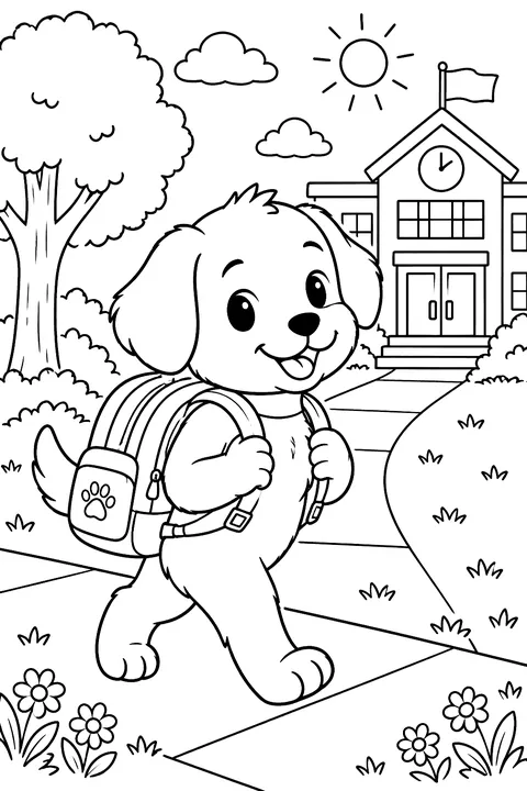 Puppy with a backpack walking to school coloring page