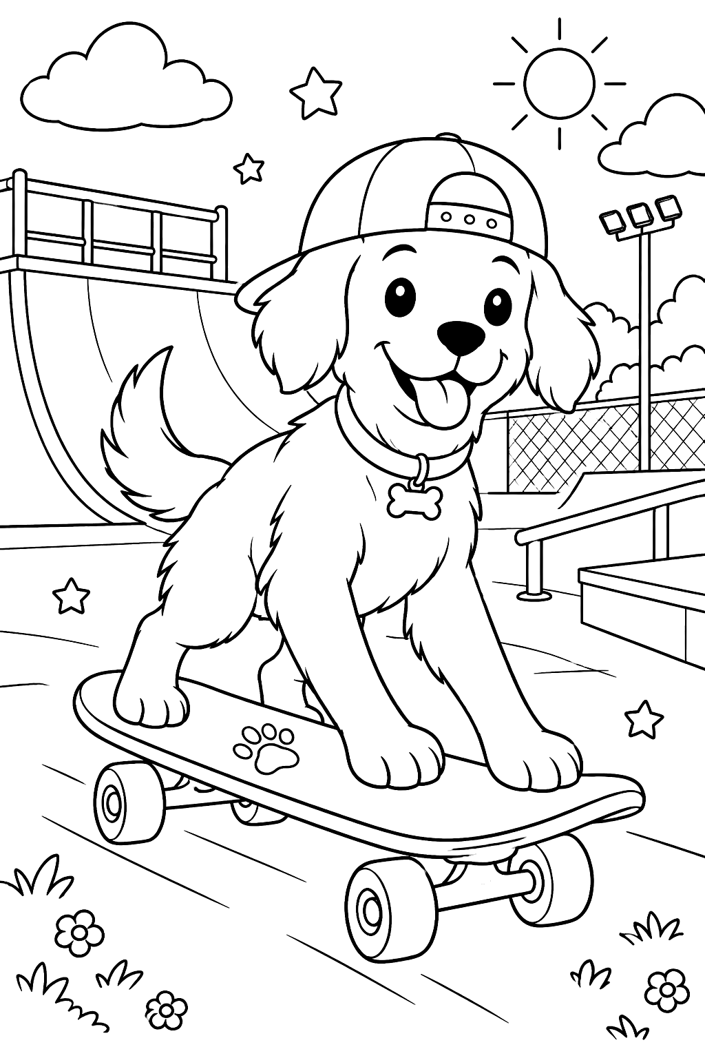 Dog riding a skateboard in a skate park coloring page