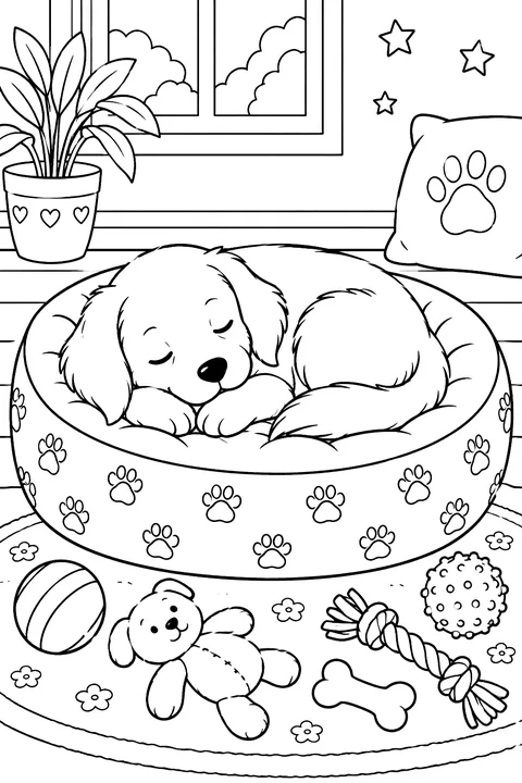 Dog sleeping in a round bed with toys coloring page