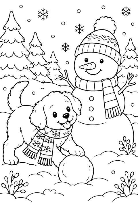 Puppy in a scarf playing beside a snowman coloring page