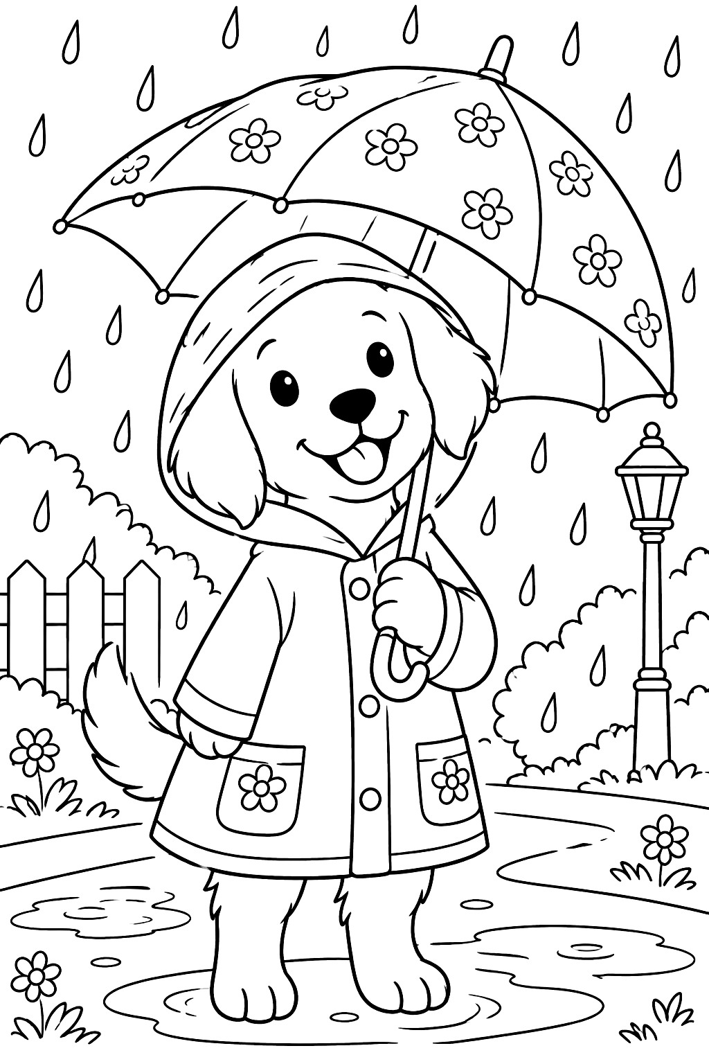 Dog in a raincoat holding an umbrella coloring page