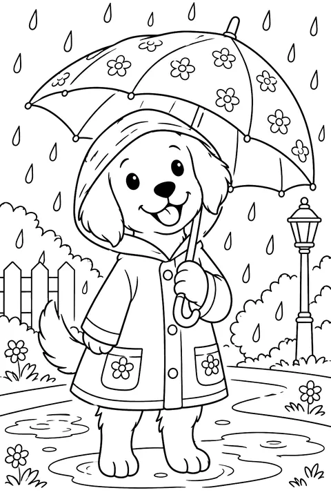 Dog in a raincoat holding an umbrella coloring page