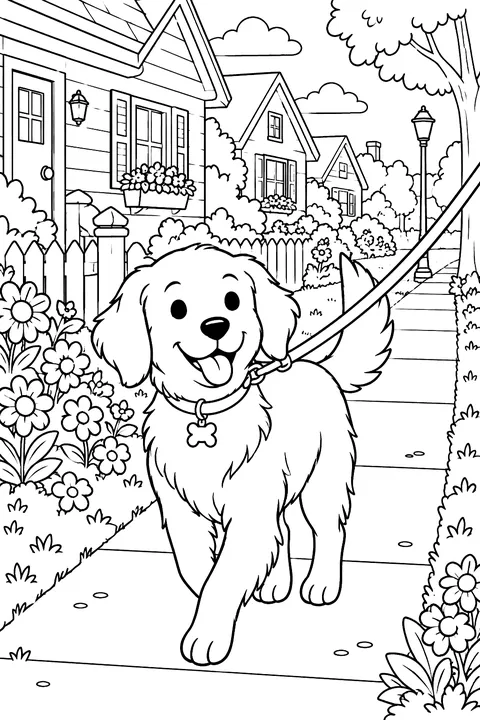 Dog on a leash walking past houses and flowers coloring page
