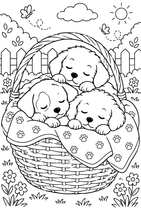 Three puppies sleeping in a wicker basket coloring page