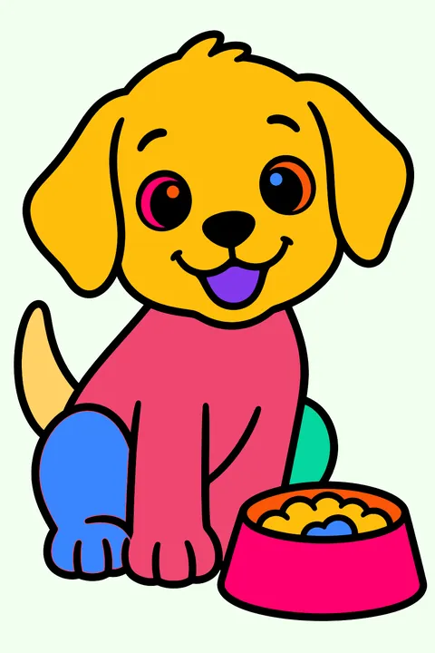 Puppy next to a food bowl coloring page
