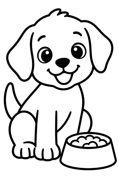 Puppy next to a food bowl coloring page