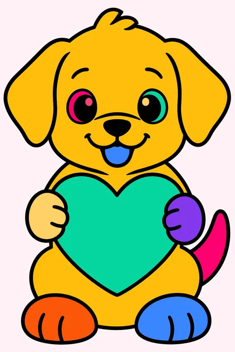 Puppy holding a heart coloring page