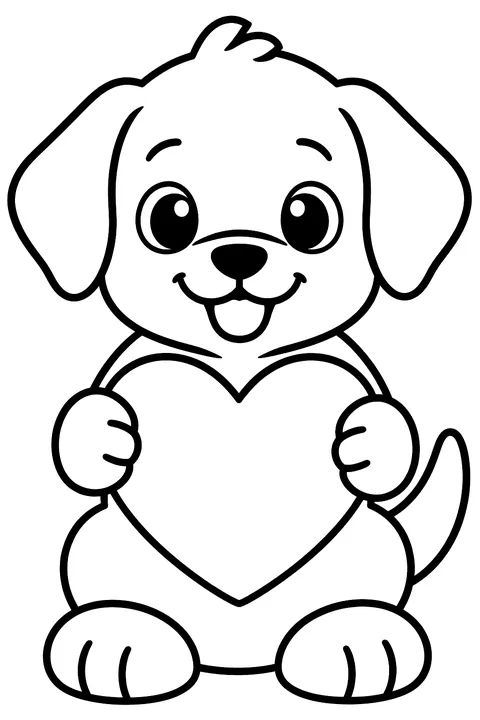 Puppy holding a heart coloring page