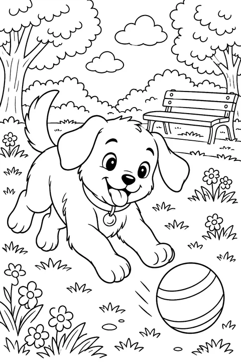 Playful puppy chasing a ball in a park with trees and a bench coloring page