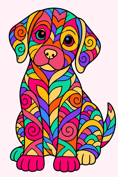 Sitting puppy filled with zentangle patterns coloring page