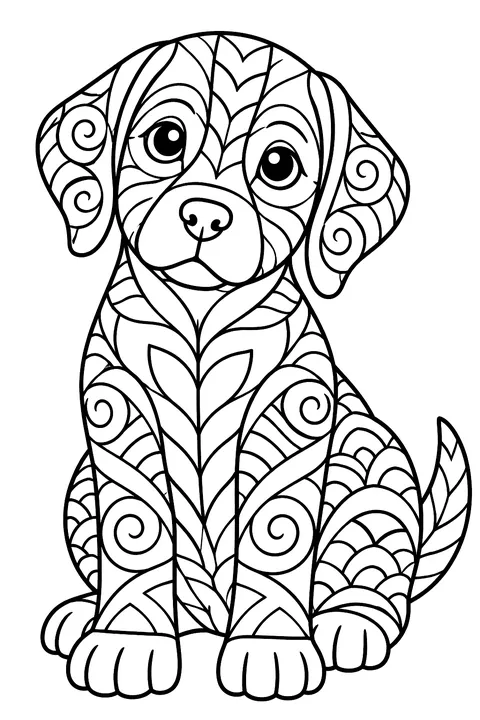 Sitting puppy filled with zentangle patterns coloring page