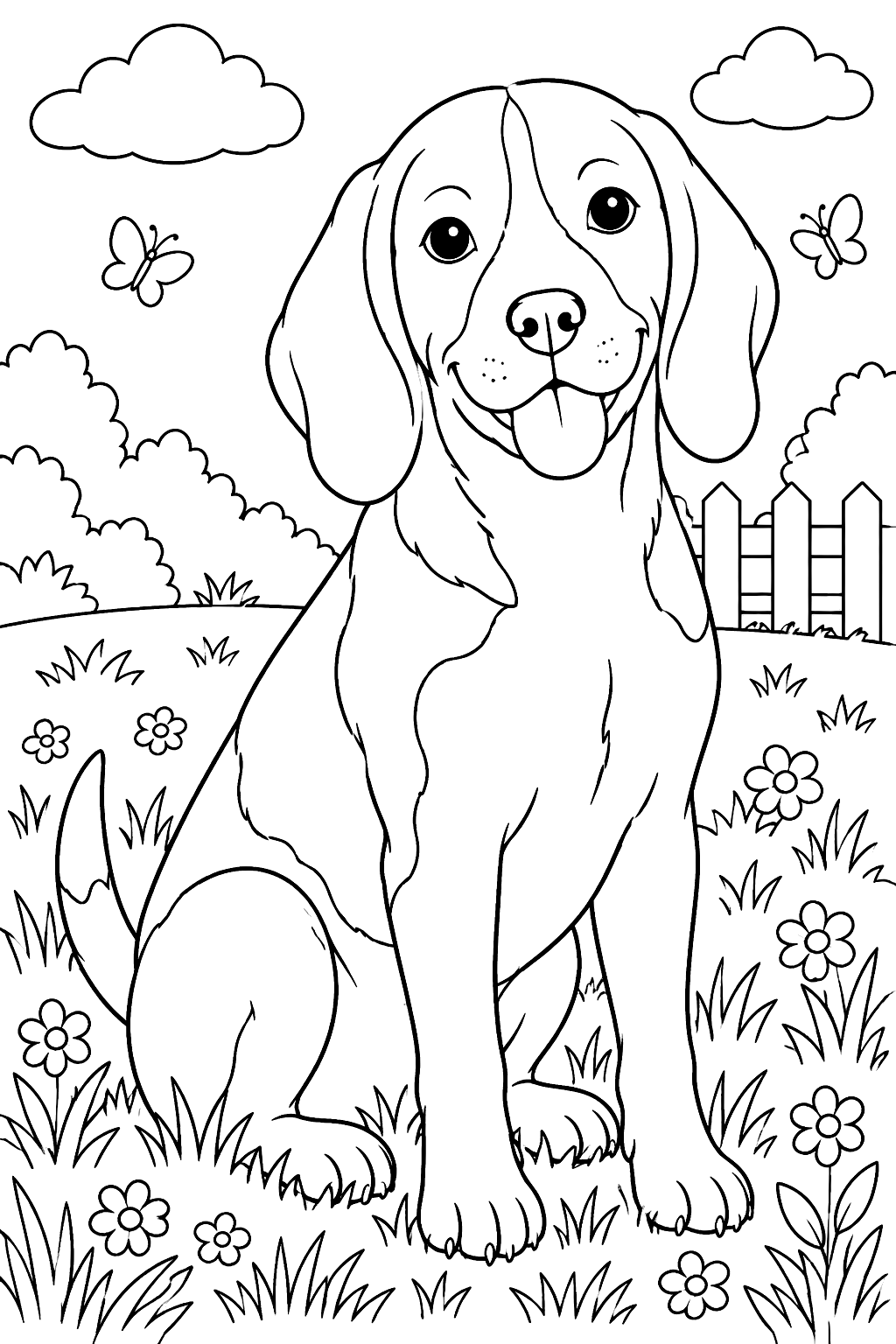 Realistic beagle sitting in grass coloring page