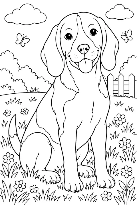 Realistic beagle sitting in grass coloring page