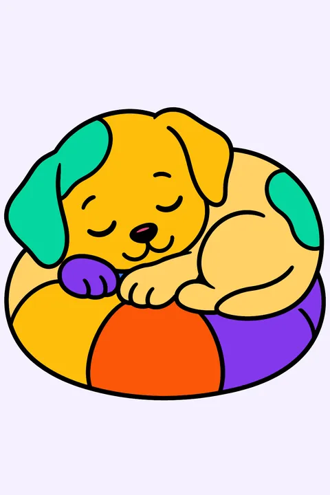 Puppy sleeping curled up on a round cushion coloring page