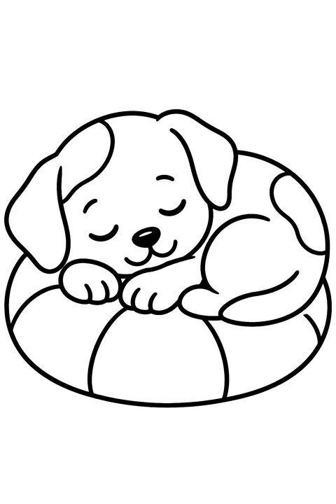 Puppy sleeping curled up on a round cushion coloring page