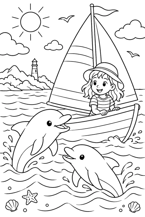 Dolphins and a Sailboat coloring page