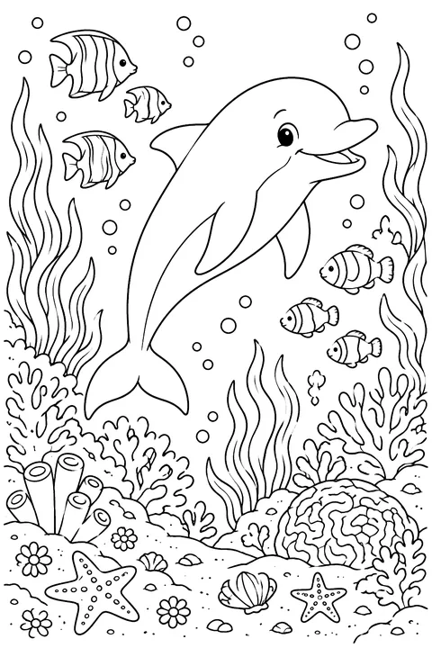 Dolphin on the Coral Reef coloring page