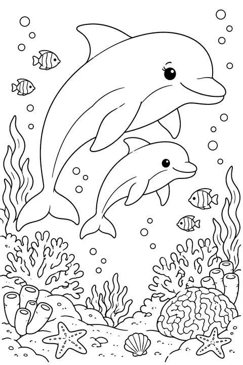 Mother Dolphin and Calf coloring page
