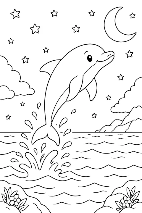 Dolphin Under the Moon coloring page