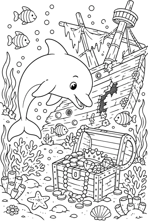 Dolphin at the Shipwreck coloring page