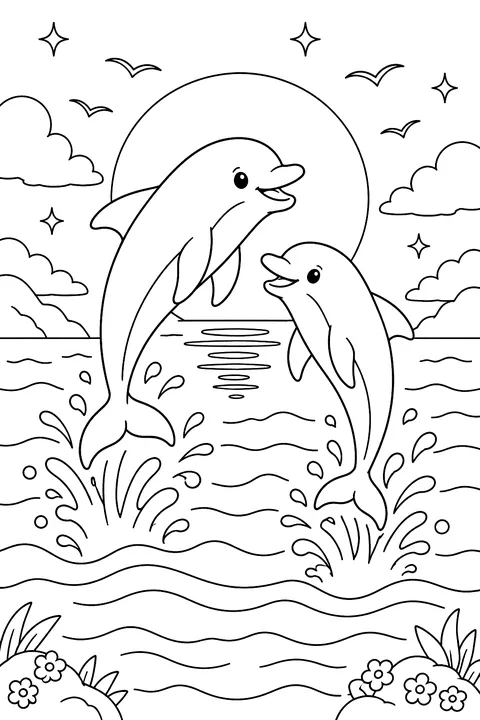 Dolphins at Sunset coloring page