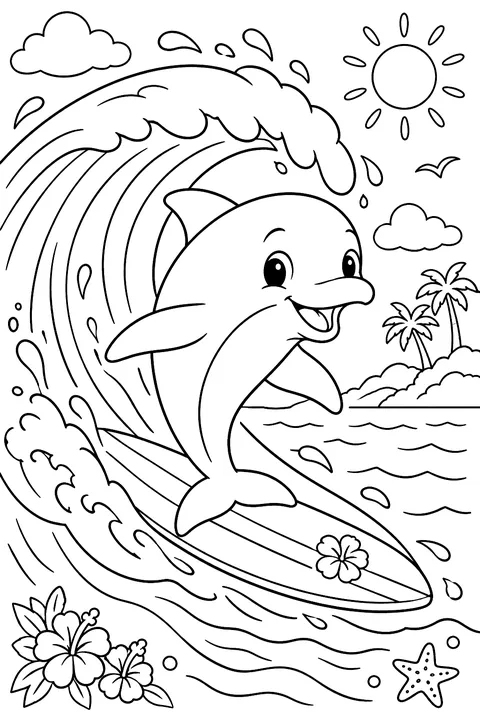 Surfing Dolphin coloring page
