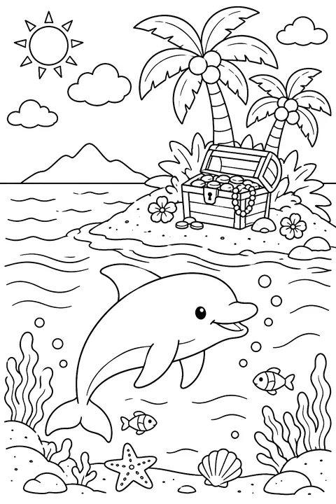 Dolphin and Treasure Island coloring page