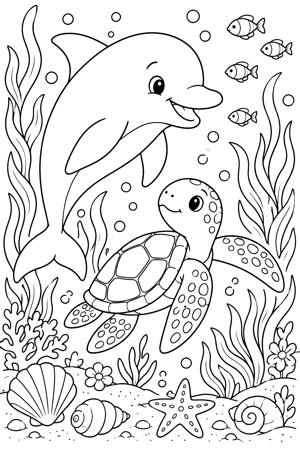 Dolphin and Sea Turtle coloring page