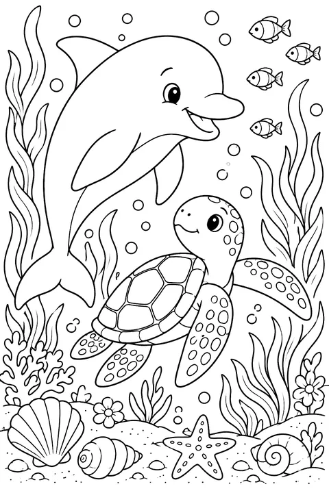 Dolphin and Sea Turtle coloring page