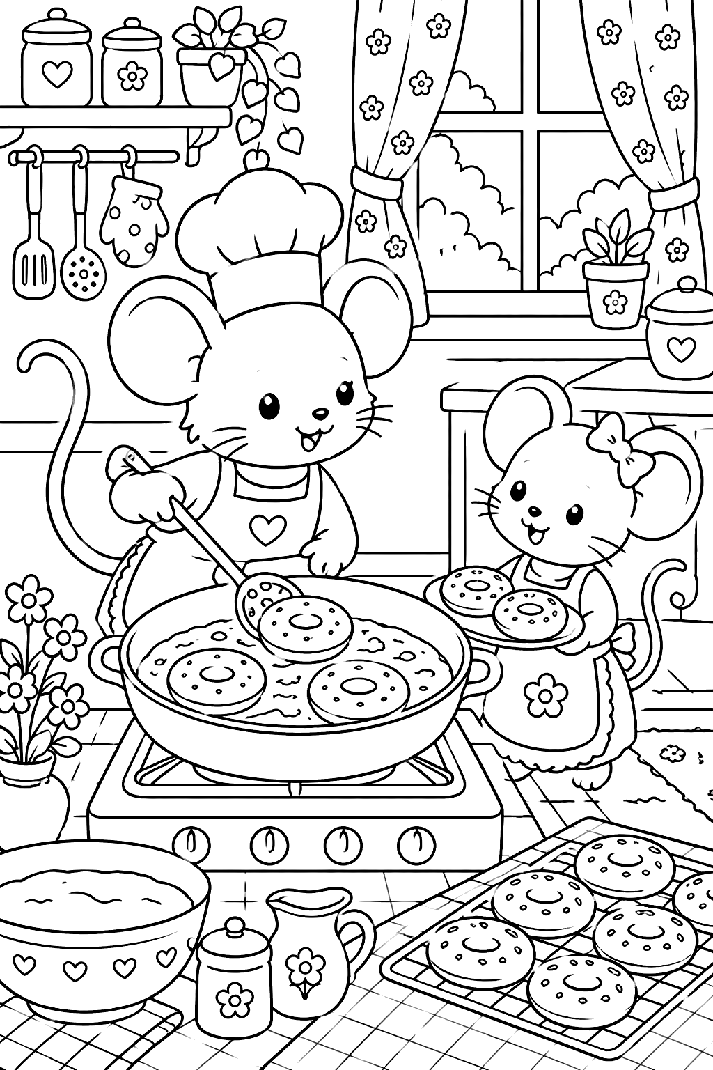 mice frying donuts in a little kitchen coloring page