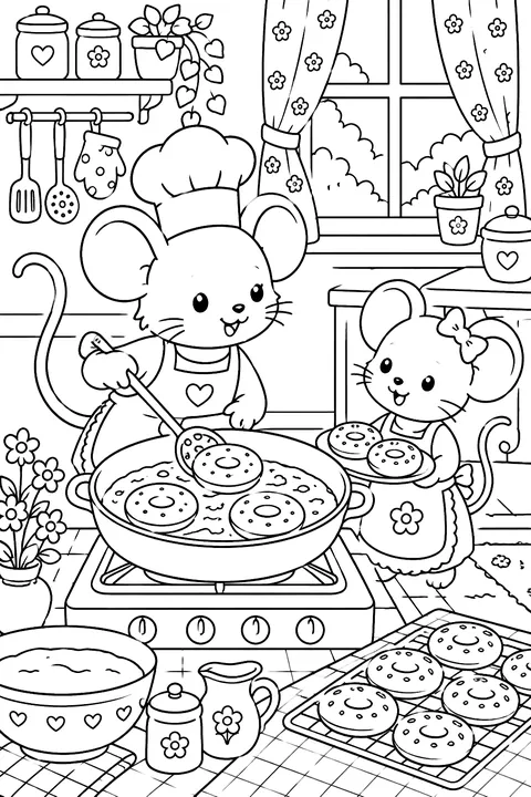 mice frying donuts in a little kitchen coloring page