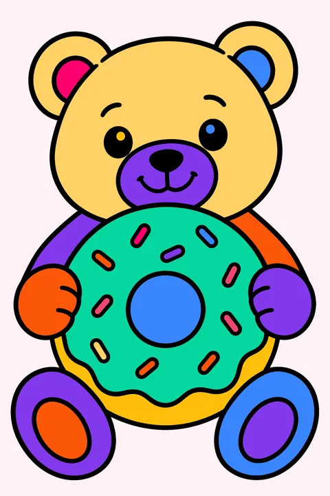 a teddy bear holding a giant donut coloring page
