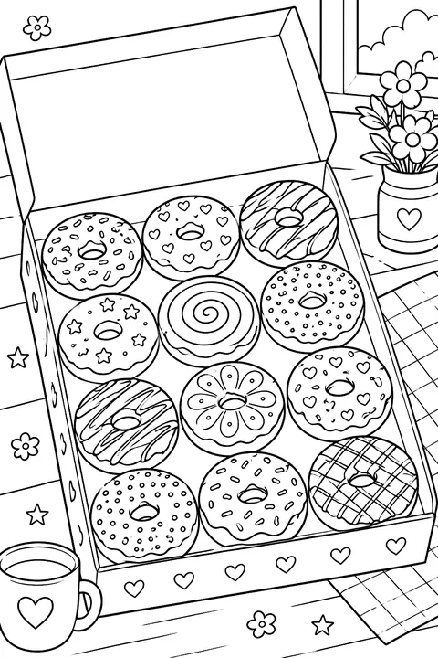 an open box of a dozen decorated donuts coloring page