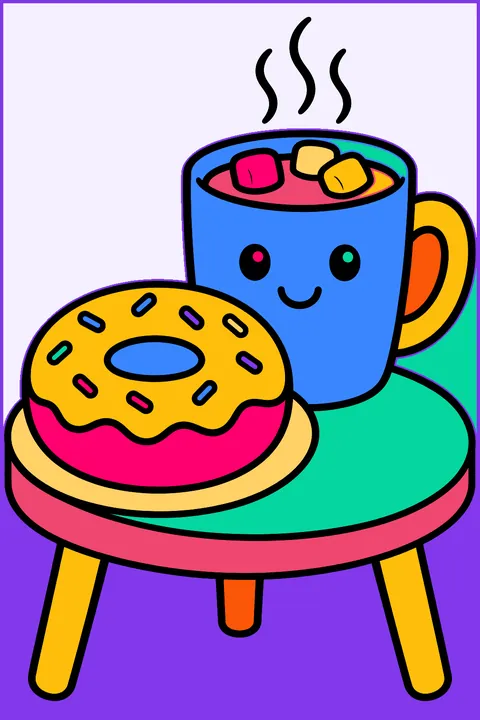 a donut and a mug of cocoa on a table coloring page
