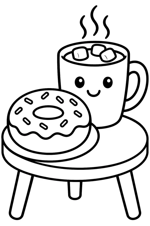 a donut and a mug of cocoa on a table coloring page