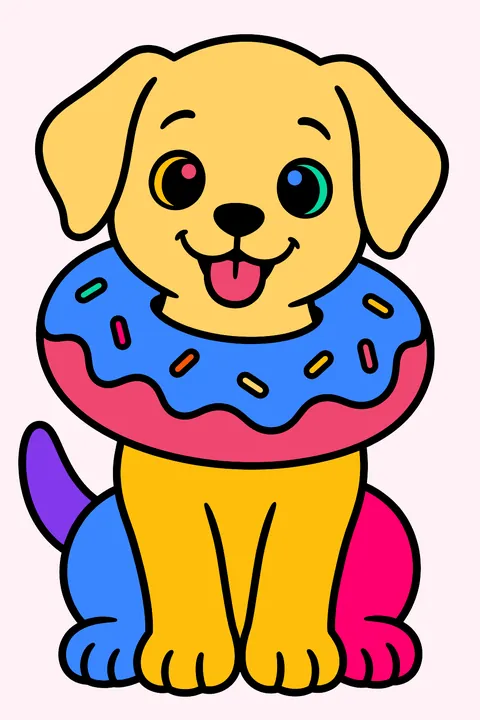 a puppy wearing a donut as a ring around its neck coloring page