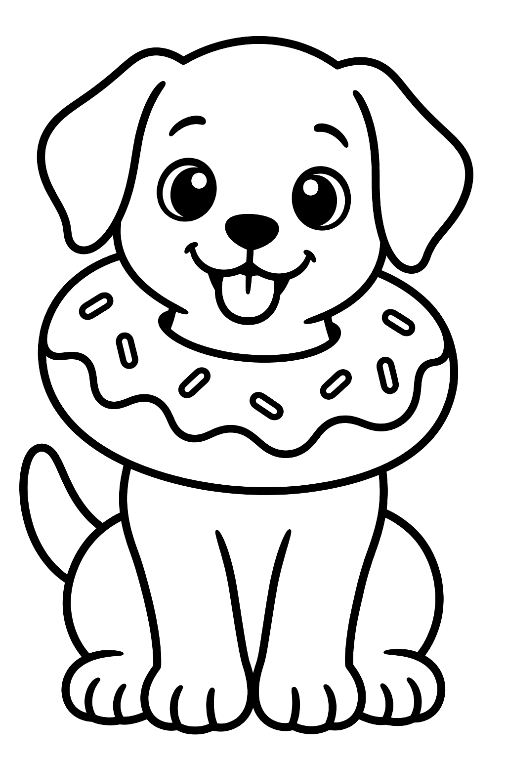 a puppy wearing a donut as a ring around its neck coloring page