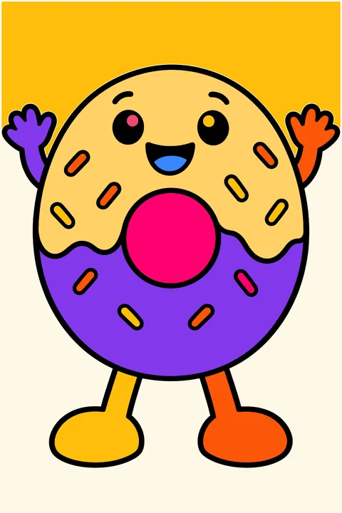 a happy donut with a smiling face and arms coloring page