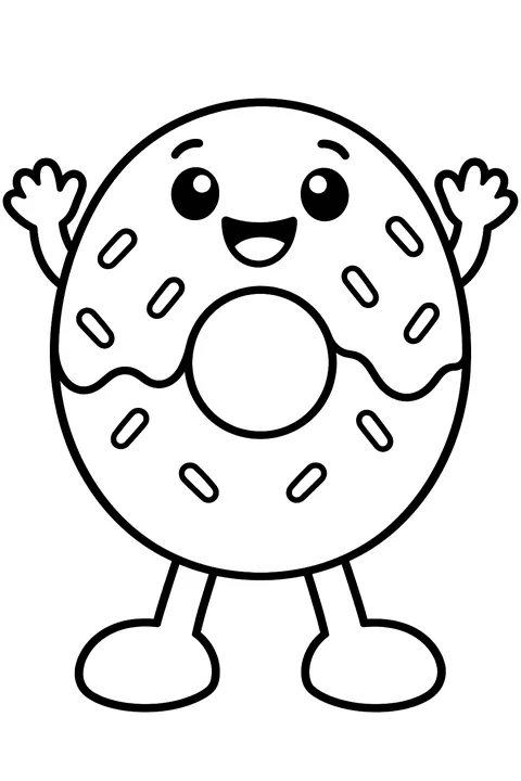 a happy donut with a smiling face and arms coloring page