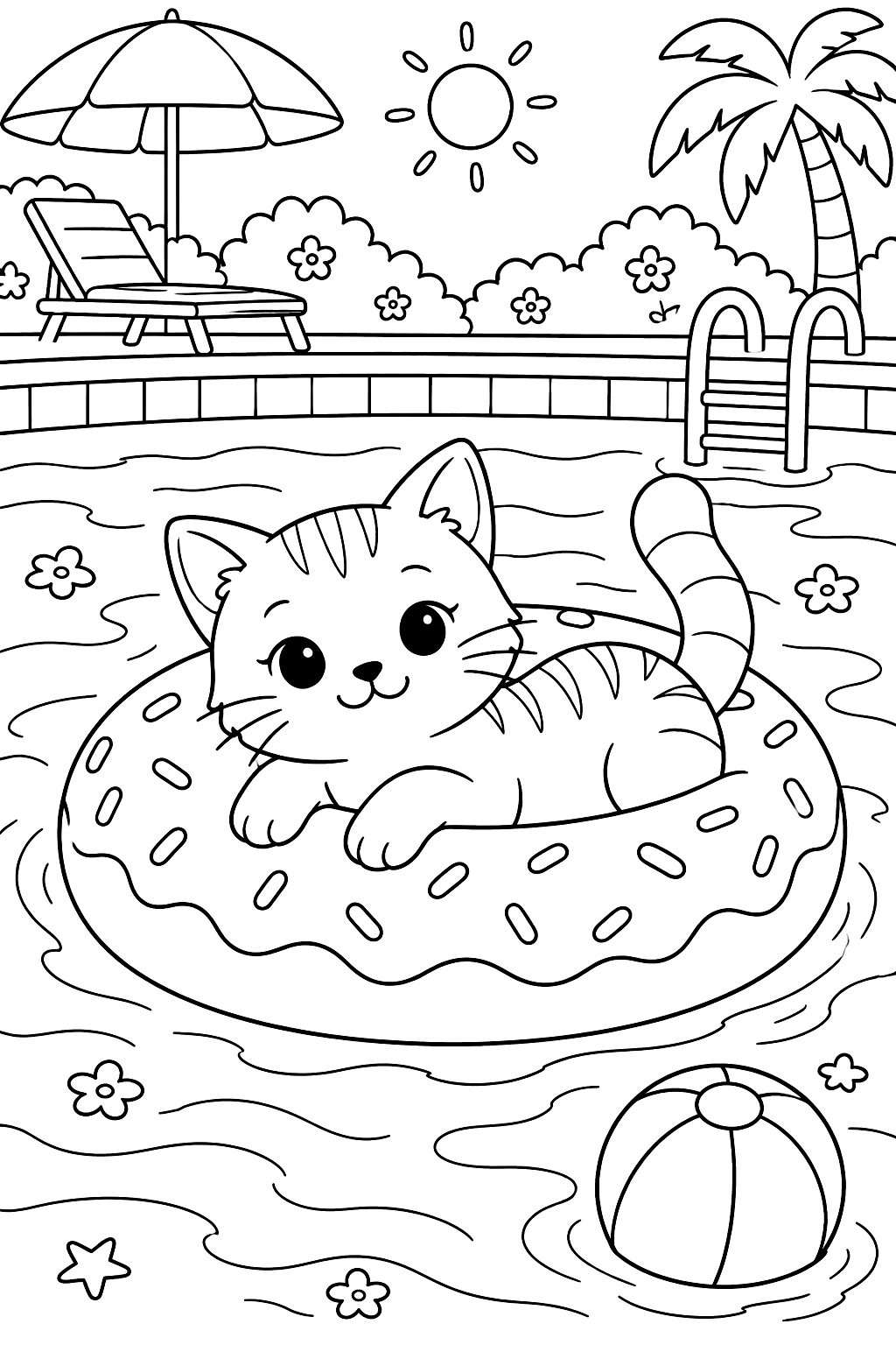 a donut pool float in a swimming pool with a cat on it coloring page