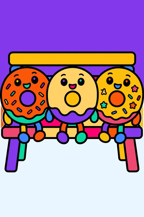 three donuts with faces on a bench coloring page