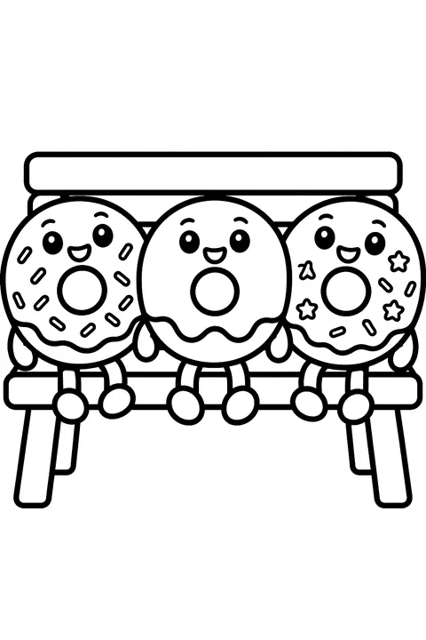 three donuts with faces on a bench coloring page