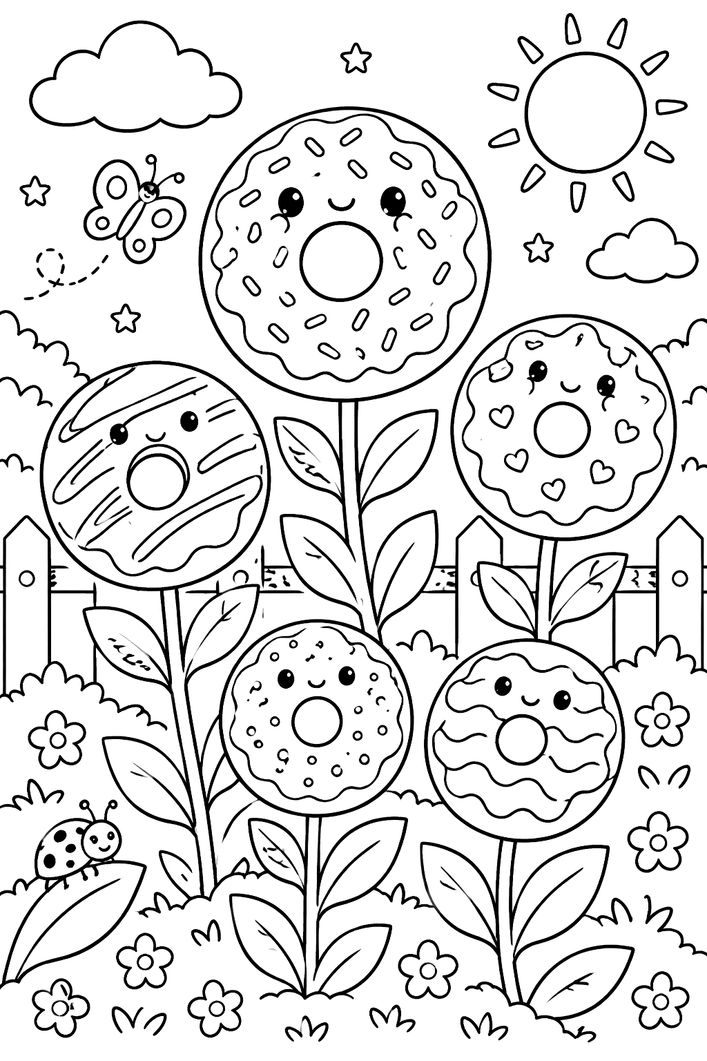donuts growing like flowers on stems in a garden coloring page
