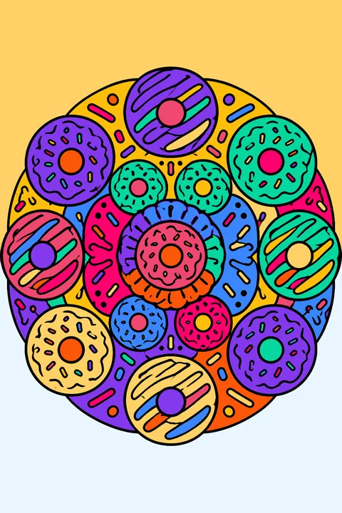 a round mandala of donuts and sprinkles coloring page