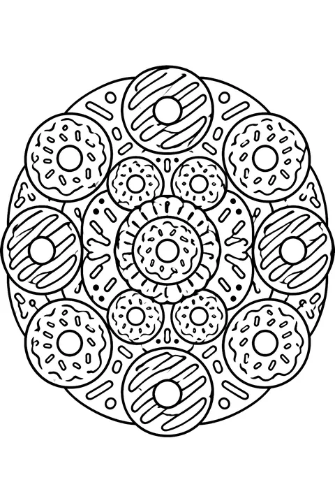 a round mandala of donuts and sprinkles coloring page