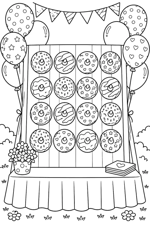 a donut wall at a party with balloons coloring page