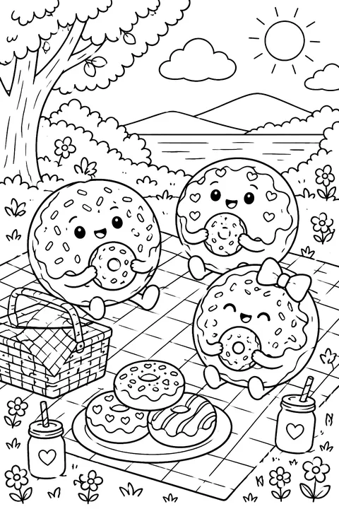 a donut picnic on a checkered blanket coloring page