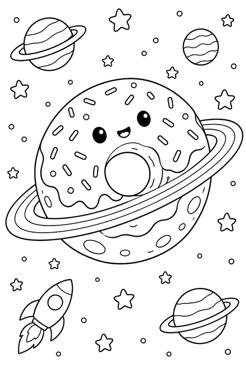 a donut planet with ring shaped rings in space coloring page