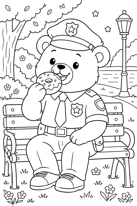 a friendly bear officer eating a donut in a park coloring page