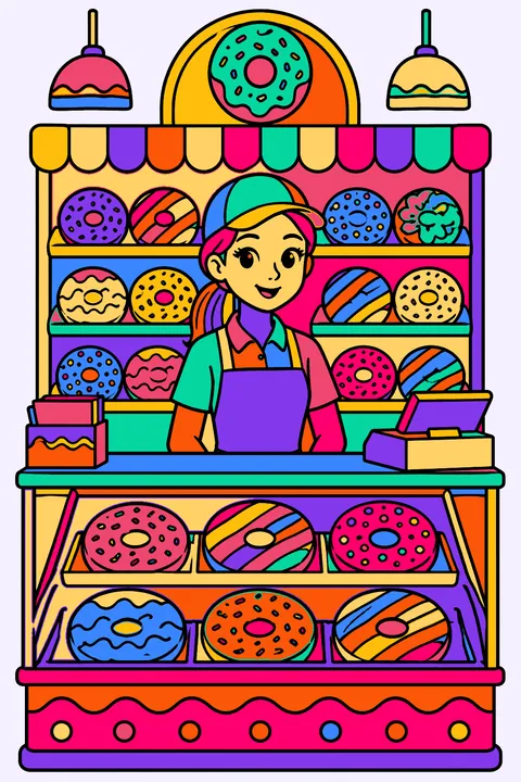 a donut shop counter with shelves of donuts coloring page